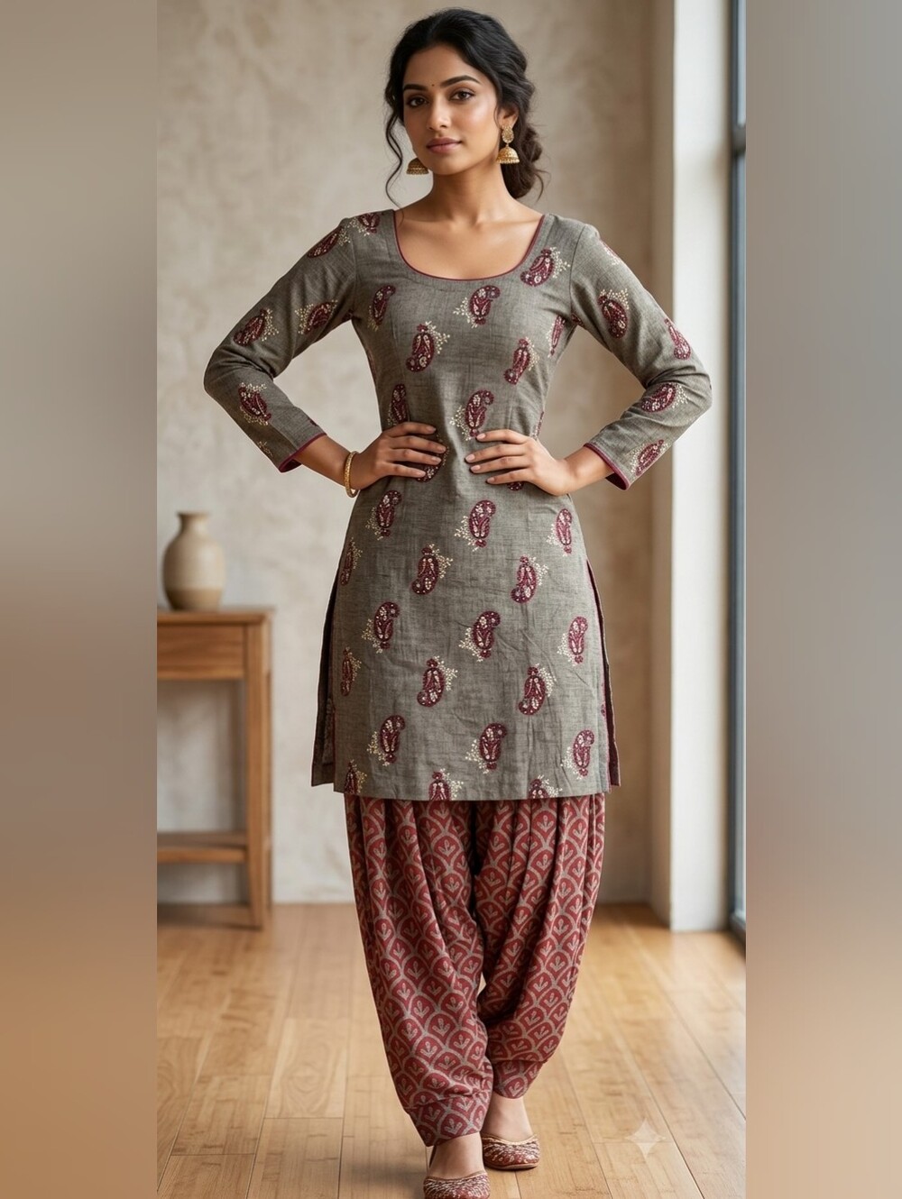 Womens Olive Green & Burgundy Printed Kurta Set